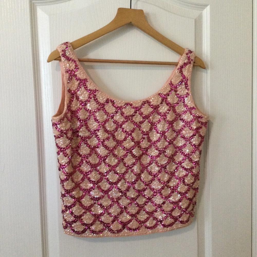 Vintage 1960s Hand Beaded Sequin Top Pink Sz M L